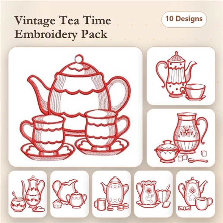 Redwork Vintage Tea Time Embroidery Designs Bundle – Teapot & Cups, Sugar Bowl, Creamer & More (10 Designs)