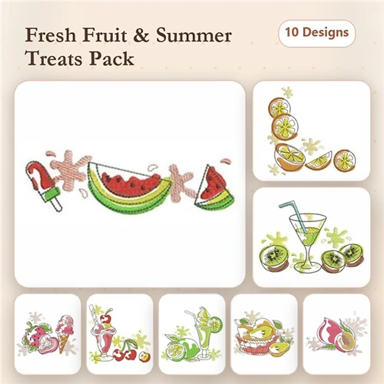 Fresh Fruit & Summer Treats Embroidery Bundle – Watermelon Slice, Ice Cream Pop, Cocktail Glass & More (10 Designs)