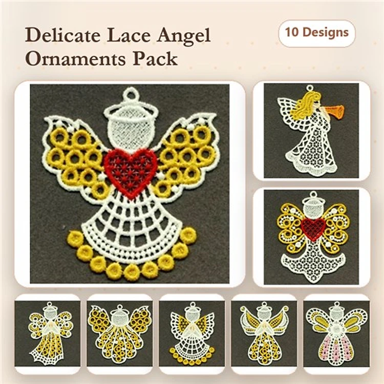FSL Delicate Lace Angel Ornaments Embroidery Designs Bundle – Lace Angel with Heart, Gold Accents, Bell & More (10 Designs)