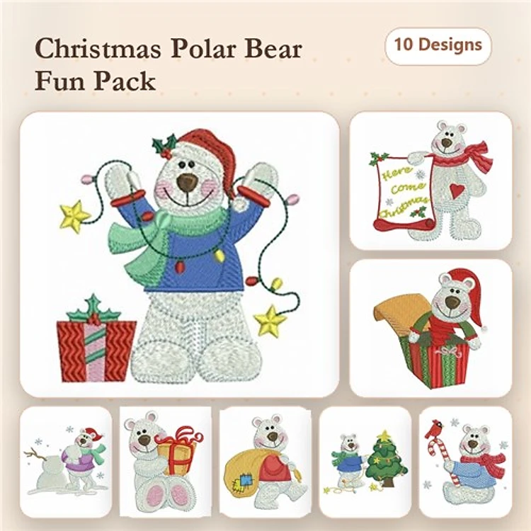 Christmas Polar Bears Embroidery Designs Bundle – Lights, Gifts, Scarf & More (10 Designs)