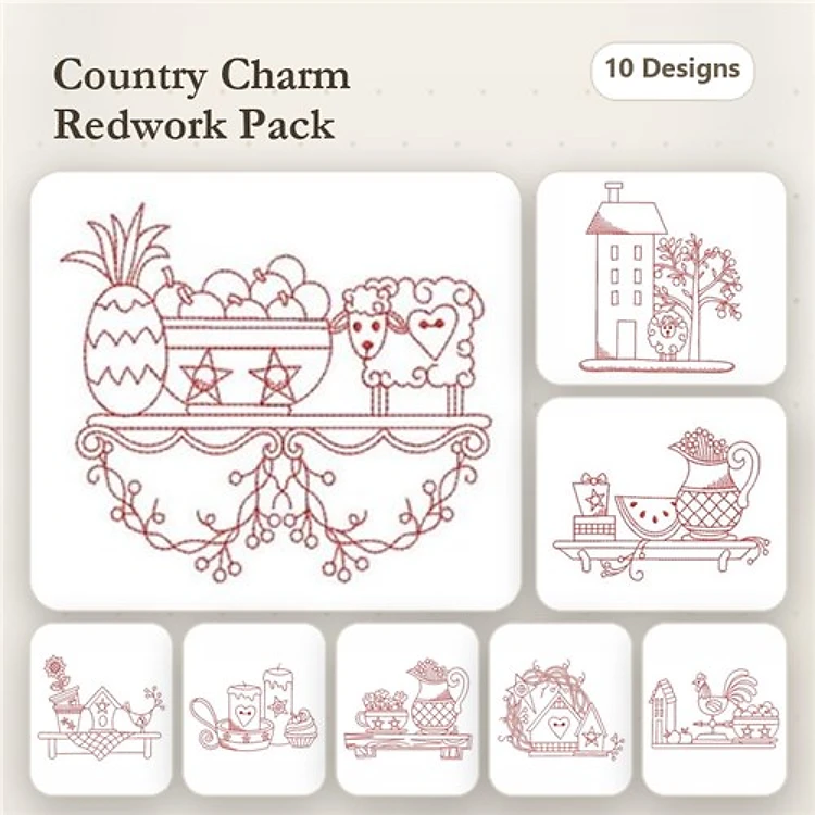 Redwork Country Kitchen Embroidery Bundle – Pineapple Centerpiece, Sheep with Hearts, Teapot with Cups & More (10 Designs)