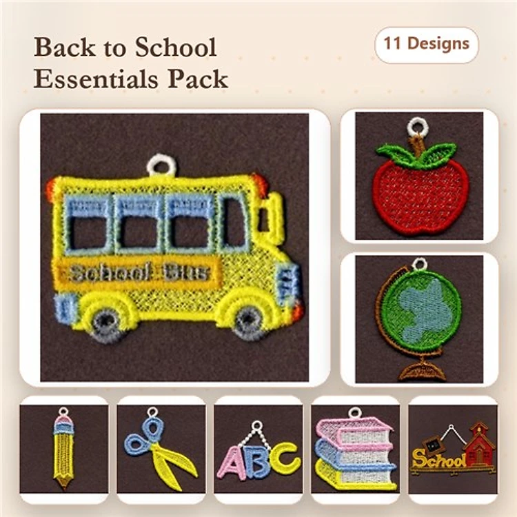 FSL Back to School Embroidery Designs Bundle – School Bus, Apple, Globe & More (11 Designs)