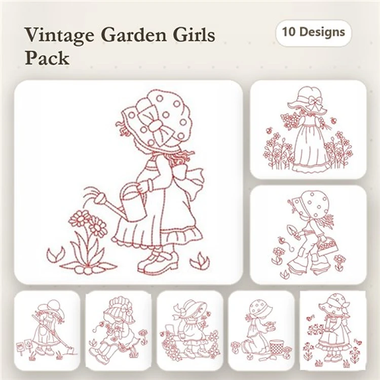 Redwork Vintage Garden Girls Embroidery Designs Bundle – Gardening Girl, Watering Can Girl, Girl with Basket of Flowers & More (10 Designs)