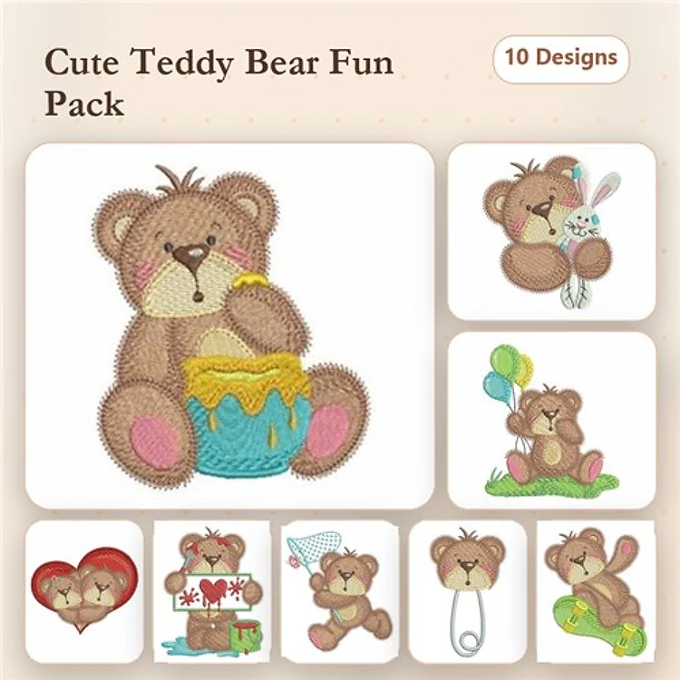 Cute Teddy Bears Embroidery Designs Bundle – Teddy Bear with Honey Pot, Teddy Bear with Balloon & More (10 Designs)