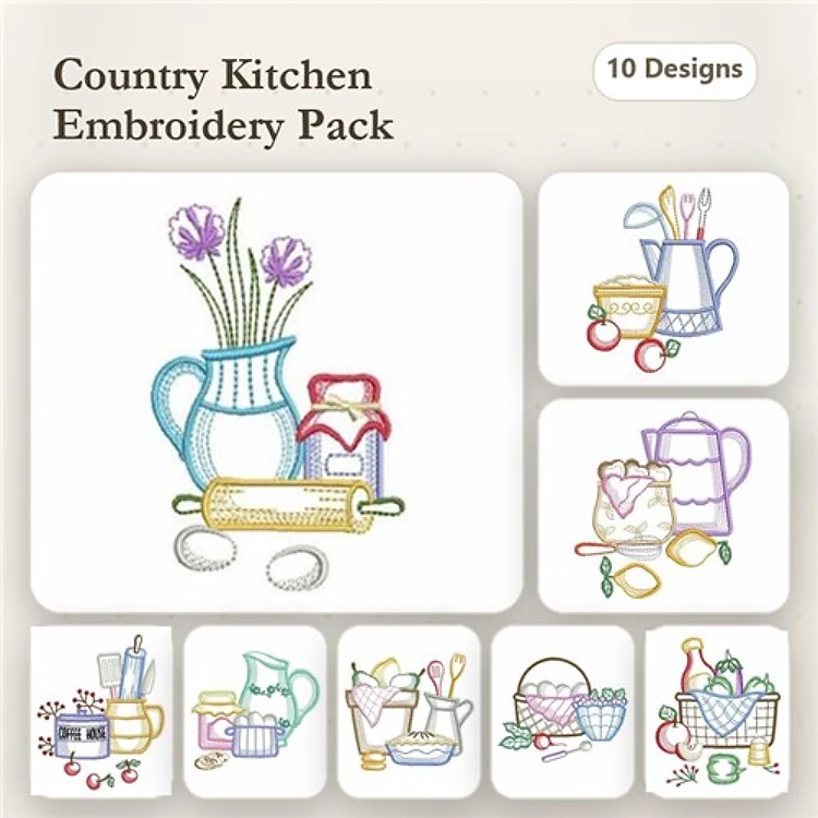 Redwork Country Kitchen Embroidery Designs Bundle – Pitcher with Flowers, Teapot with Cups, Baking Roller with Jar & More (10 Designs)