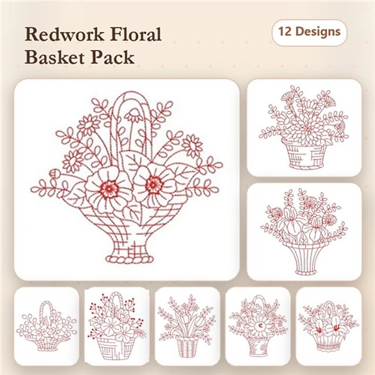 Redwork Floral Basket Embroidery Designs Bundle – Daisies, Roses, Tulips & More (12 Designs)