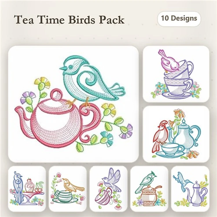 Tea-Themed Birds Embroidery Bundle – Bird on Teapot, Bird in Teacup, Two Birds with Teacups & More (10 Designs)