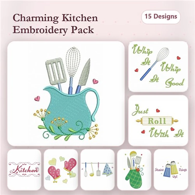 Kitchen Utensils & Sayings Embroidery Designs Bundle – Whisk with Phrase, Teapot with Hearts, & More (15 Designs)