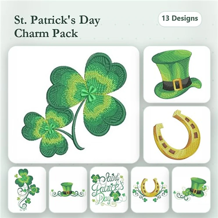 St. Patrick's Day Embroidery Bundle – Shamrock, Leprechaun Hat, Horseshoe & More (13 Designs)