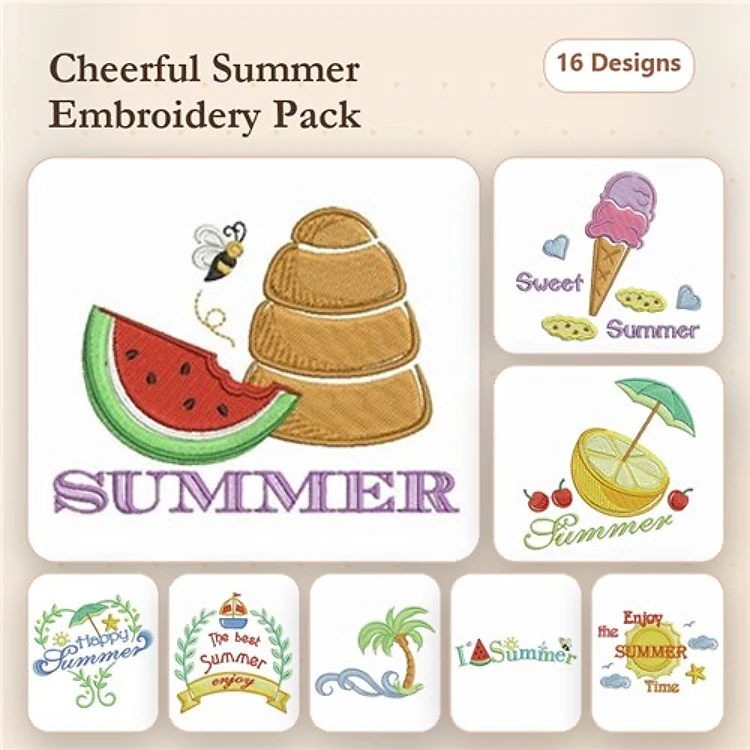 Summer Fun Embroidery Designs Bundle – Watermelon, Ice Cream Cone, Lemon Slice & More (16 Designs)
