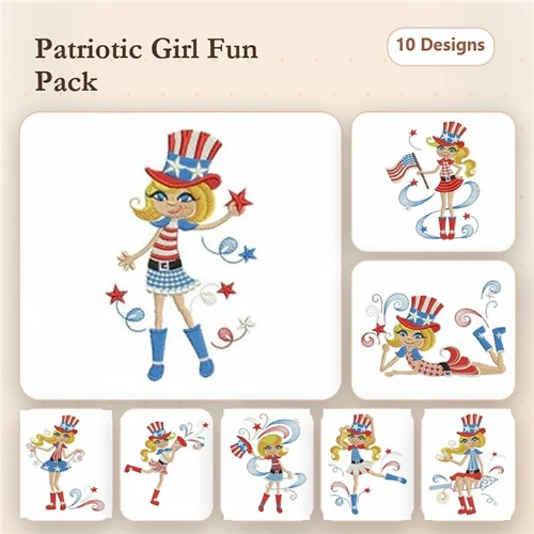Patriotic Girl Embroidery Bundle – Girl with Hat, Fireworks, Playing with Ribbon & More (10 Designs)