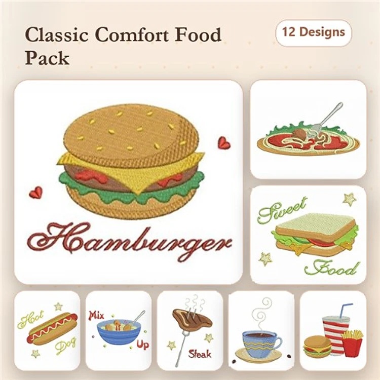 Classic Comfort Food Embroidery Designs Bundle – Hamburger, Spaghetti, Steak & More (12 Designs)