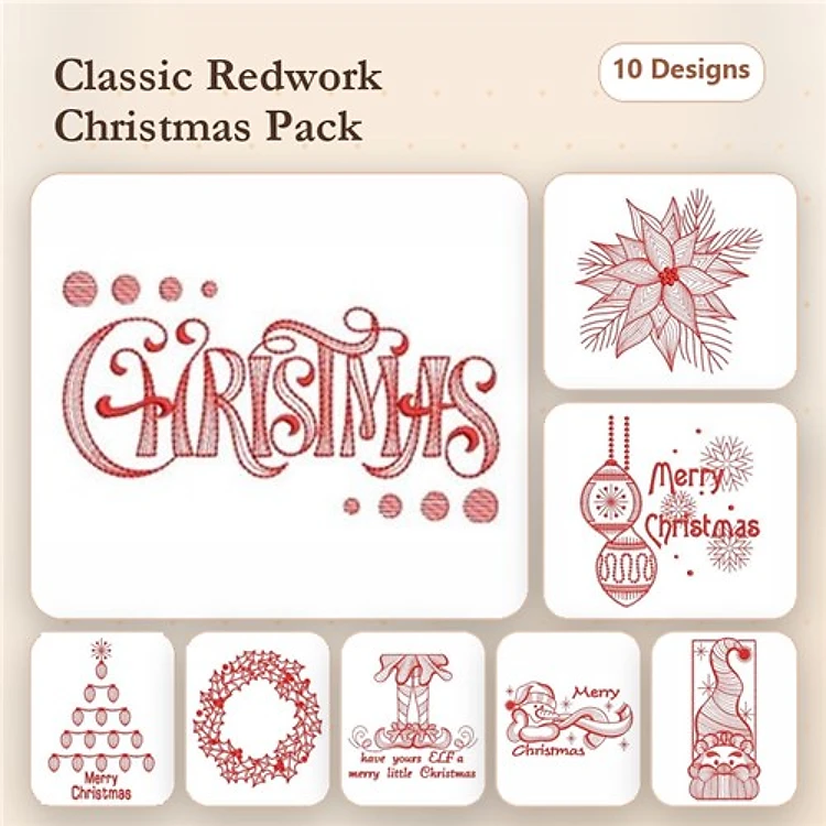 Redwork Christmas Embroidery Designs Bundle – Christmas Script, Poinsettia, Merry Christmas Ornament & More (10 Designs)