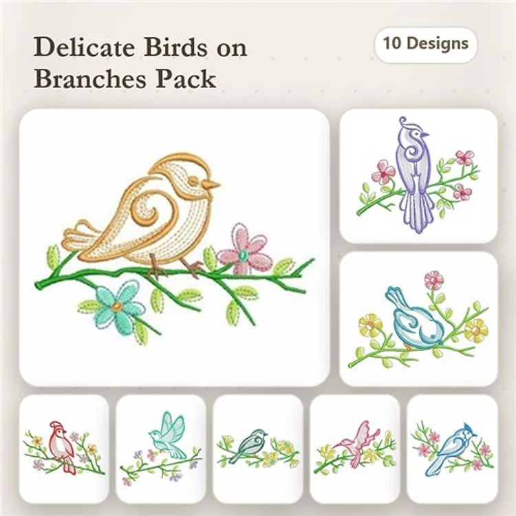 Delicate Birds on Branches Embroidery Designs Bundle – Chirp Bird, Blue Bird, Flowering Branch & More (10 Designs)