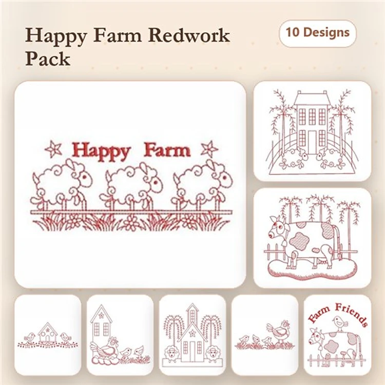 Redwork Farm Animal Embroidery Bundle – Happy Farm Sheep, Cow in Fence, Barn with Stars & More (10 Designs)
