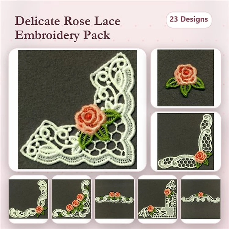 FSL Rose Lace Embellishments Embroidery Bundle – Lace Corner & Border Designs (23 Designs)