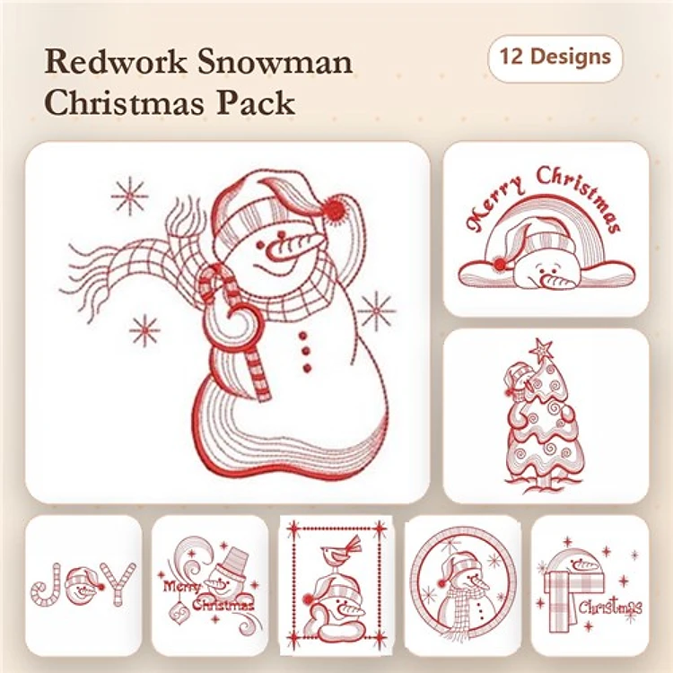 Redwork Snowman Christmas Embroidery Designs Bundle – Snowman with Scarf, Happy Christmas, Joy & More (12 Designs)