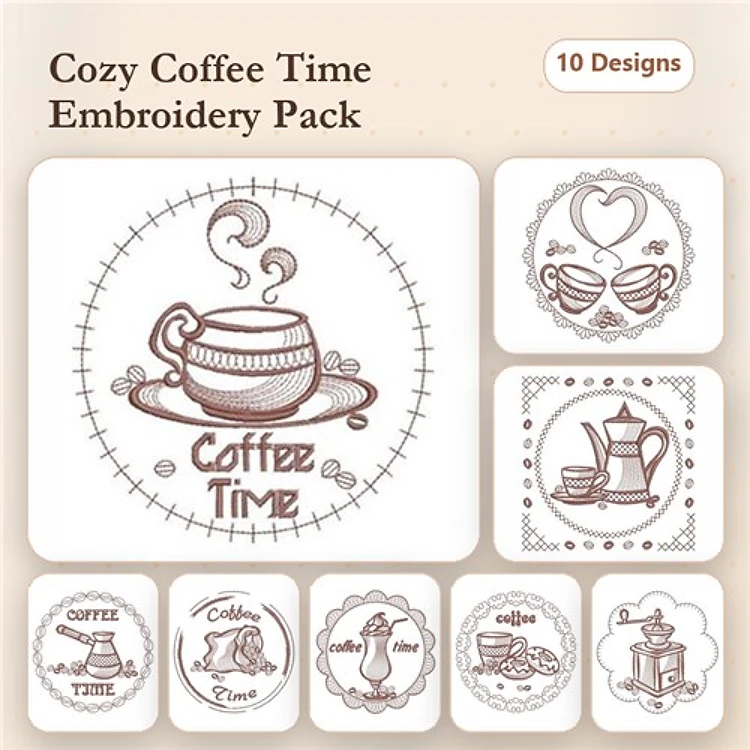 Redwork Coffee & Tea Embroidery Designs Bundle – Coffee Cup, Tea Cup, Coffee Pot & More (10 Designs)