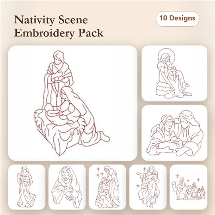 Redwork Nativity Scene Embroidery Designs Bundle – Mary Holding Baby Jesus, Three Wise Men, Angel with Horn & More (10 Designs)