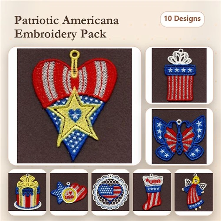 FSL Patriotic Americana Embroidery Designs Bundle – Heart with Star, Butterfly with Stars, Freedom Star & More (10 Designs)