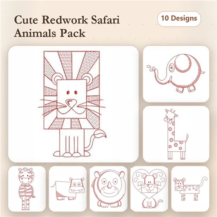 Redwork Safari Animals Embroidery Designs Bundle – Lion with Sunburst, Elephant, Giraffe & More (10 Designs)