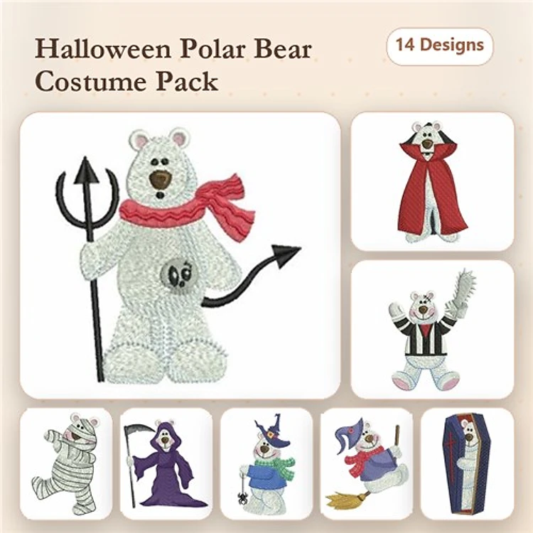Halloween Polar Bear Costumes Embroidery Designs Bundle – Devil, Vampire, Witch & More (14 Designs)