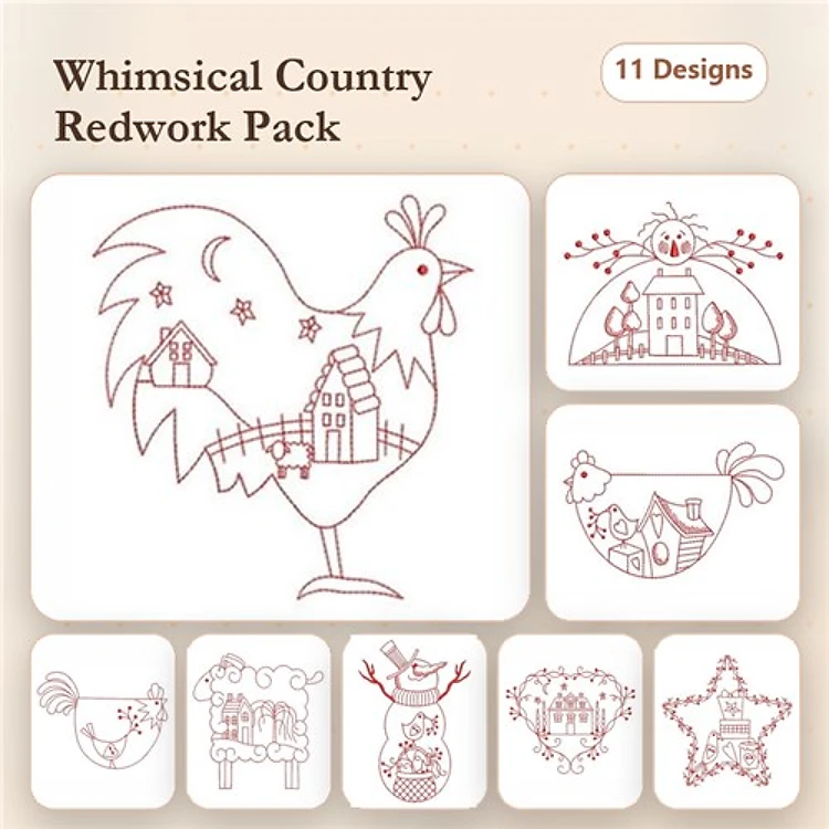 Redwork Farm Animal Embroidery Bundle – Rooster, House, Chick, & More (11 Designs)