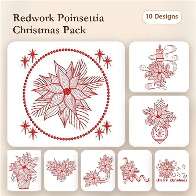 Redwork Poinsettia Christmas Embroidery Designs Bundle – Wreath, Ornament, Bouquet & More (10 Designs)