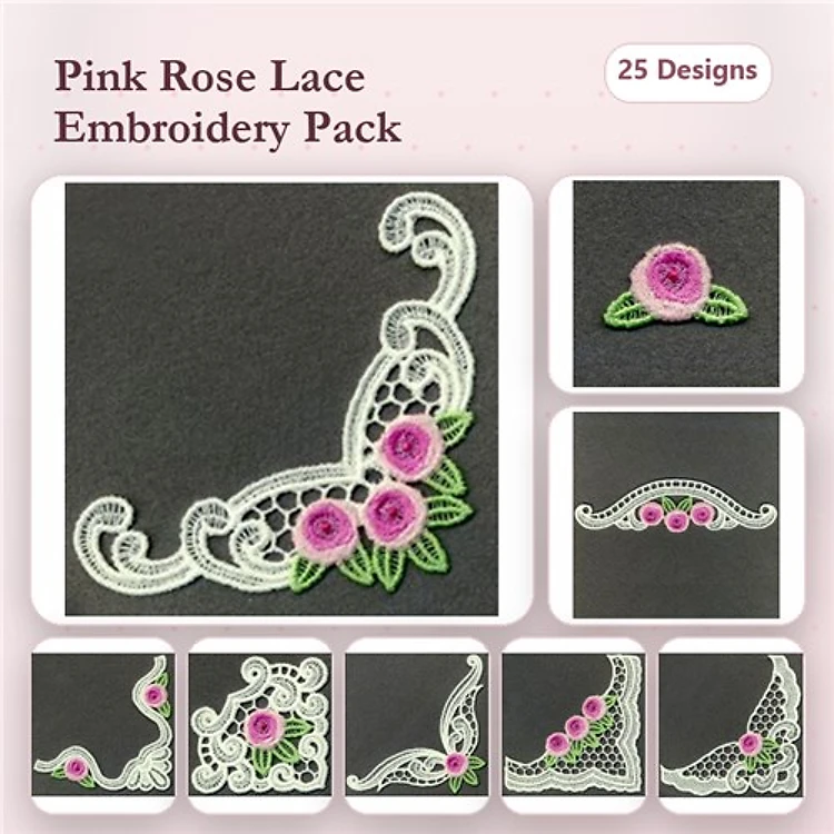 FSL Pink Rose Lace Embroidery Bundle – Lace Corner with Pink Roses, Lace Floral Border, Decorative Lace & More (25 Designs)