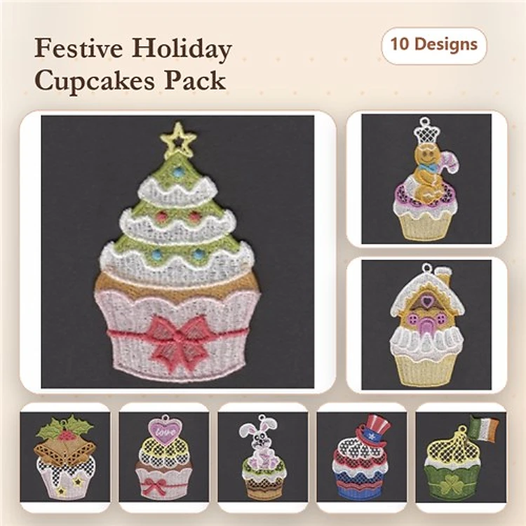 FSL Festive Holiday Cupcakes Embroidery Designs Bundle – Cupcake with Christmas Tree, Gingerbread House, Ornament & More (10 Designs)