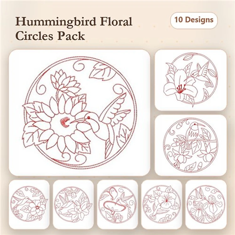 Redwork Hummingbird Embroidery Designs Bundle – Hummingbird with Water Lily, Floral Circle with Lotus, & More (10 Designs)