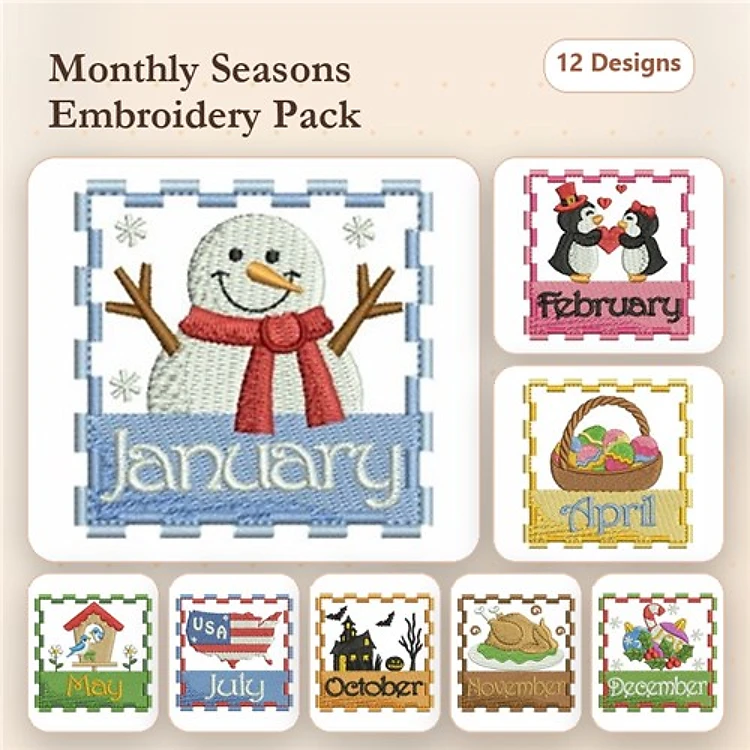 Monthly Seasonal Embroidery Designs Bundle – January Snowman, February Penguins, April Easter Eggs & More (12 Designs)