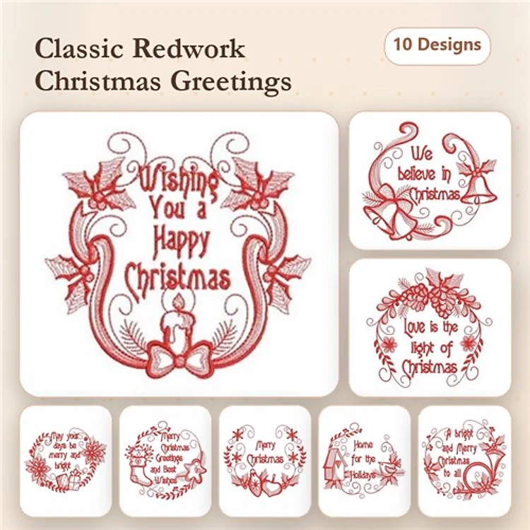 Redwork Christmas Greetings Embroidery Designs Bundle – Merry Christmas, Joyful Christmas Wishes, Peace on Earth & More (10 Designs)