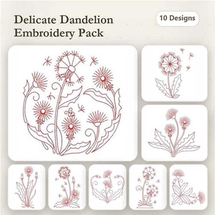 Redwork Delicate Dandelions Embroidery Designs Bundle – Dandelion Bouquet, Single Dandelion, Dandelion Cluster & More (10 Designs)