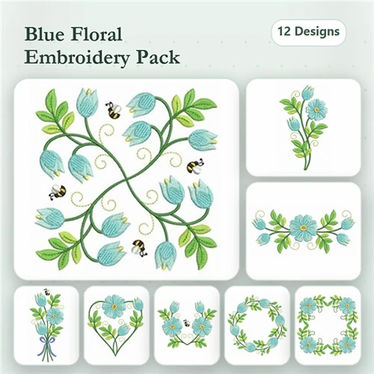 Blue Floral Embroidery Designs Bundle – Floral Swirl, Heart Flower Arrangement, Floral Frame & More (12 Designs)