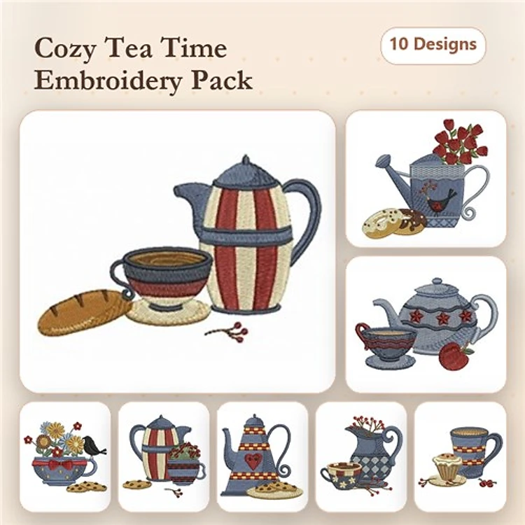 Tea Time Embroidery Designs Bundle – Tea Pot, Tea Cup, Cookies & More (10 Designs)
