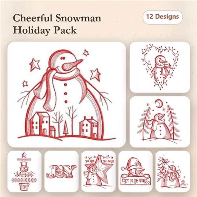 Redwork Cheerful Snowman Embroidery Designs Bundle – Snowman with House, Joy Text, Decorative Heart & More (12 Designs)