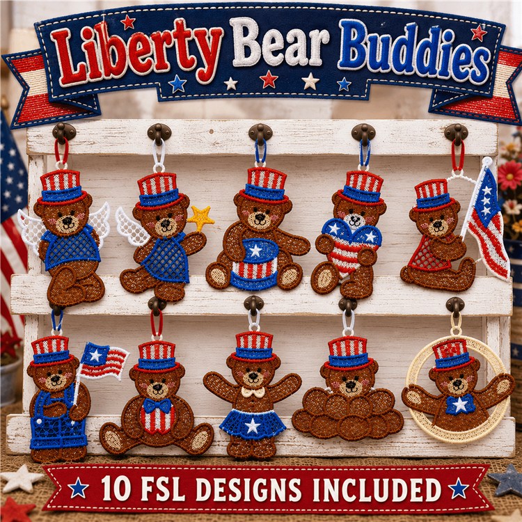FSL Patriotic Teddy Bear Embroidery Designs Bundle – Bear with Stars and Stripes, Bear Holding Fireworks & More (10 Designs)