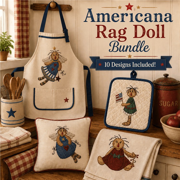 Americana Rag Dolls Embroidery Designs Bundle – Blue Dress, Red Dress, Holding Flag & More (10 Designs)