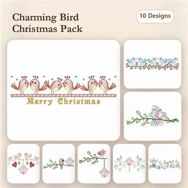 Charming Birds Christmas Embroidery Designs Bundle – Birds on a Branch, Merry Christmas Text, Bird with Holly & More (10 Designs)