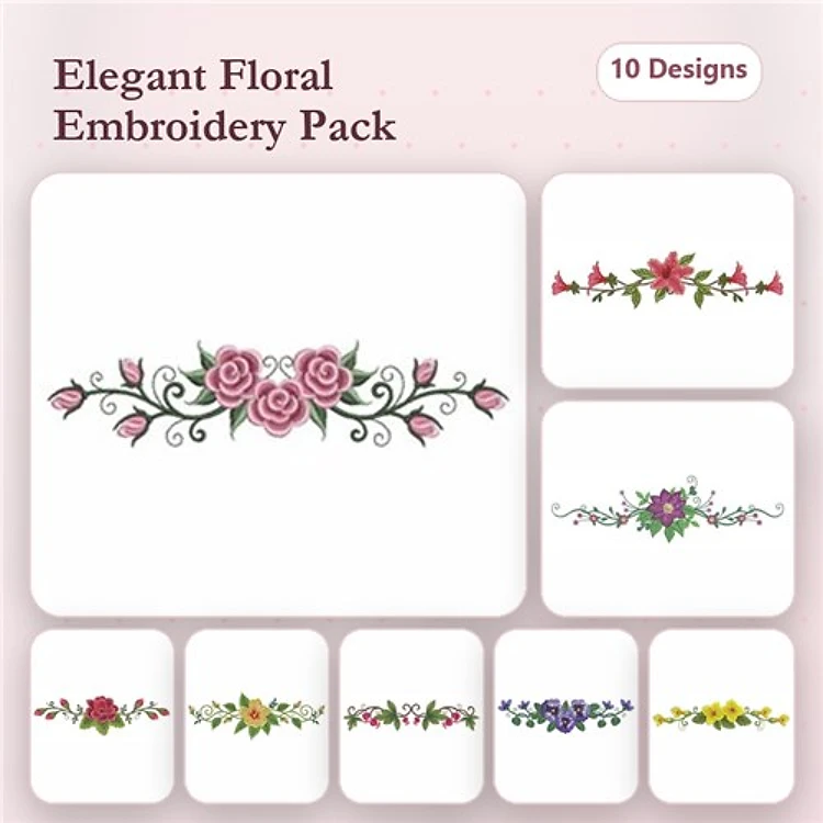 Floral Embellishments Embroidery Bundle – Rose Bouquet, Flower Border, Lily Cluster & More (10 Designs)