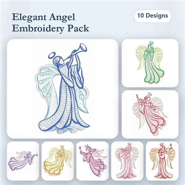 Rippled Elegant Angels Embroidery Bundle – Angel with Trumpet, Angel with Harp, Singing Angel & More (10 Designs)