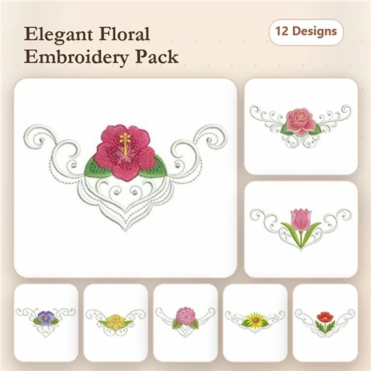 Elegant Floral Embroidery Bundle – Hibiscus, Tulip, Pink Rose & More (12 Designs)