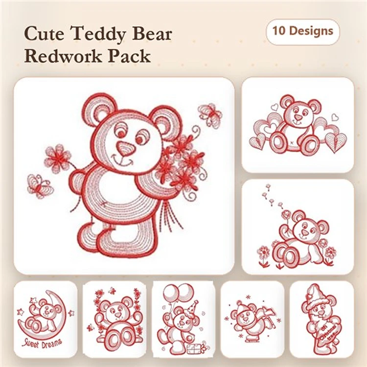 Redwork Cute Teddy Bears Embroidery Bundle – Teddy Bear with Flowers, Hearts, Balloons & More (10 Designs)