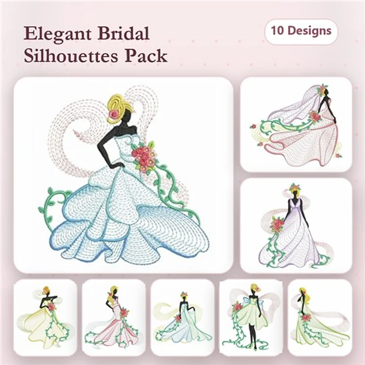 Rippled Elegant Bridal Silhouettes Embroidery Designs Bundle – Bride with Floral Bouquet, Bride in Flowing Gown & More (10 Designs)