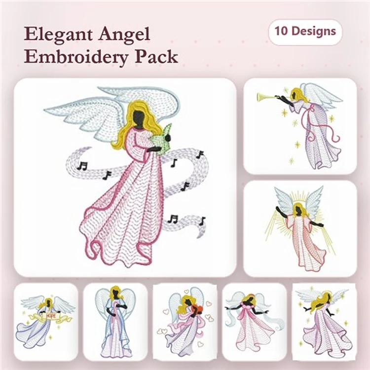 Rippled Angel Embroidery Designs Bundle – Angel with Trumpet, Elegant Angel in Pink, Singing Angel & More (10 Designs)
