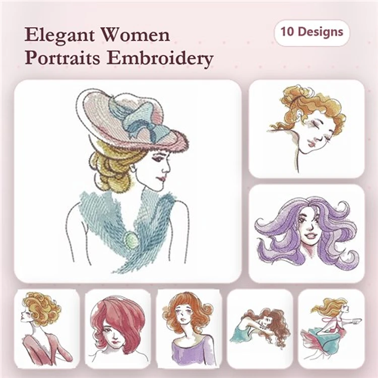 Redwork Elegant Women Portraits Embroidery Bundle – Woman with Hat, Woman with Curly Hair, Woman with Long Hair & More (10 Designs)