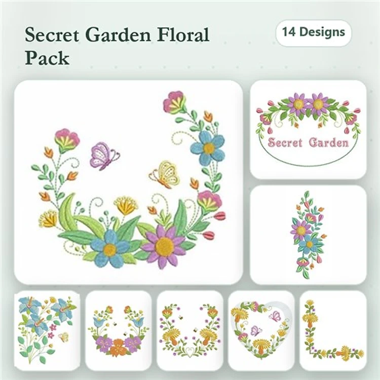Floral Garden Embroidery Designs Bundle – Floral Wreath with Butterflies, Secret Garden Text, Flower Cluster & More (14 Designs)