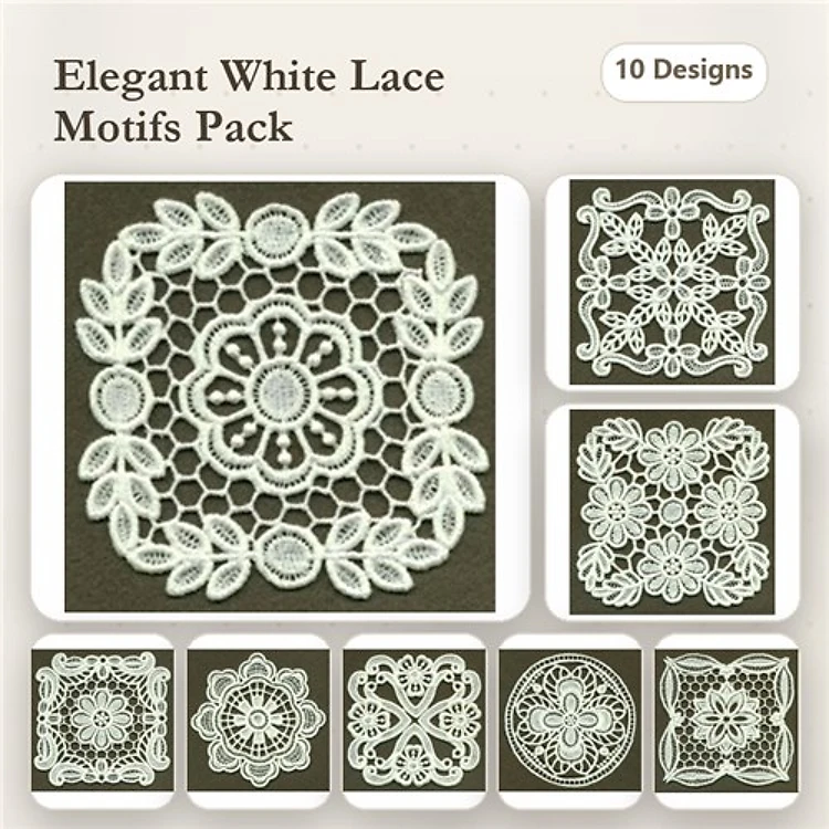 FSL Elegant Lace Motifs Embroidery Designs Bundle – Lace Mandala, Ornate Coaster, Floral Vine & More (10 Designs)