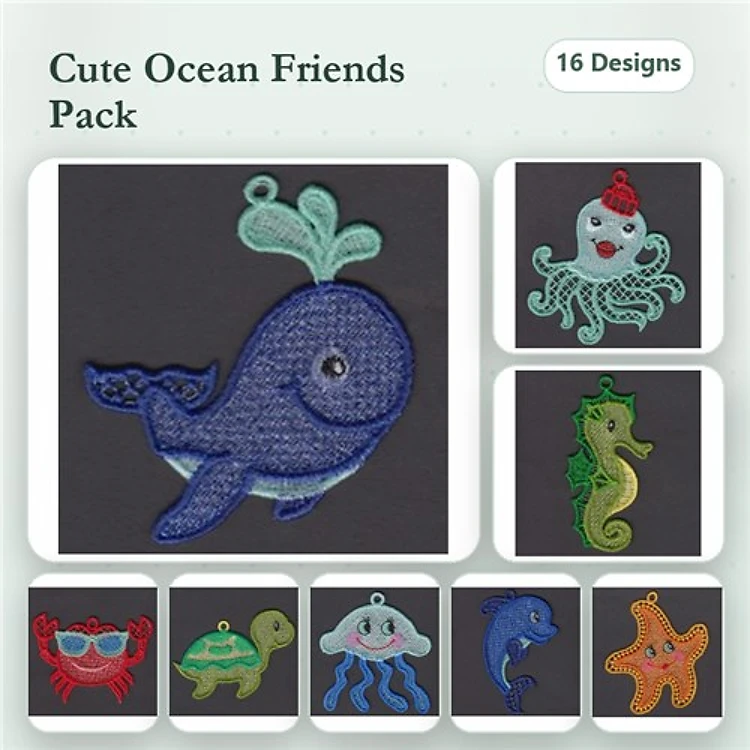 FSL Ocean Characters Embroidery Designs Bundle – Whale, Octopus, Seahorse & More (16 Designs)